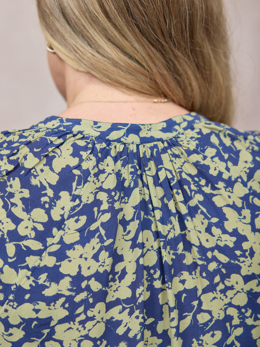 Niya Button Through Blouse - Navy & Green Leaf Print