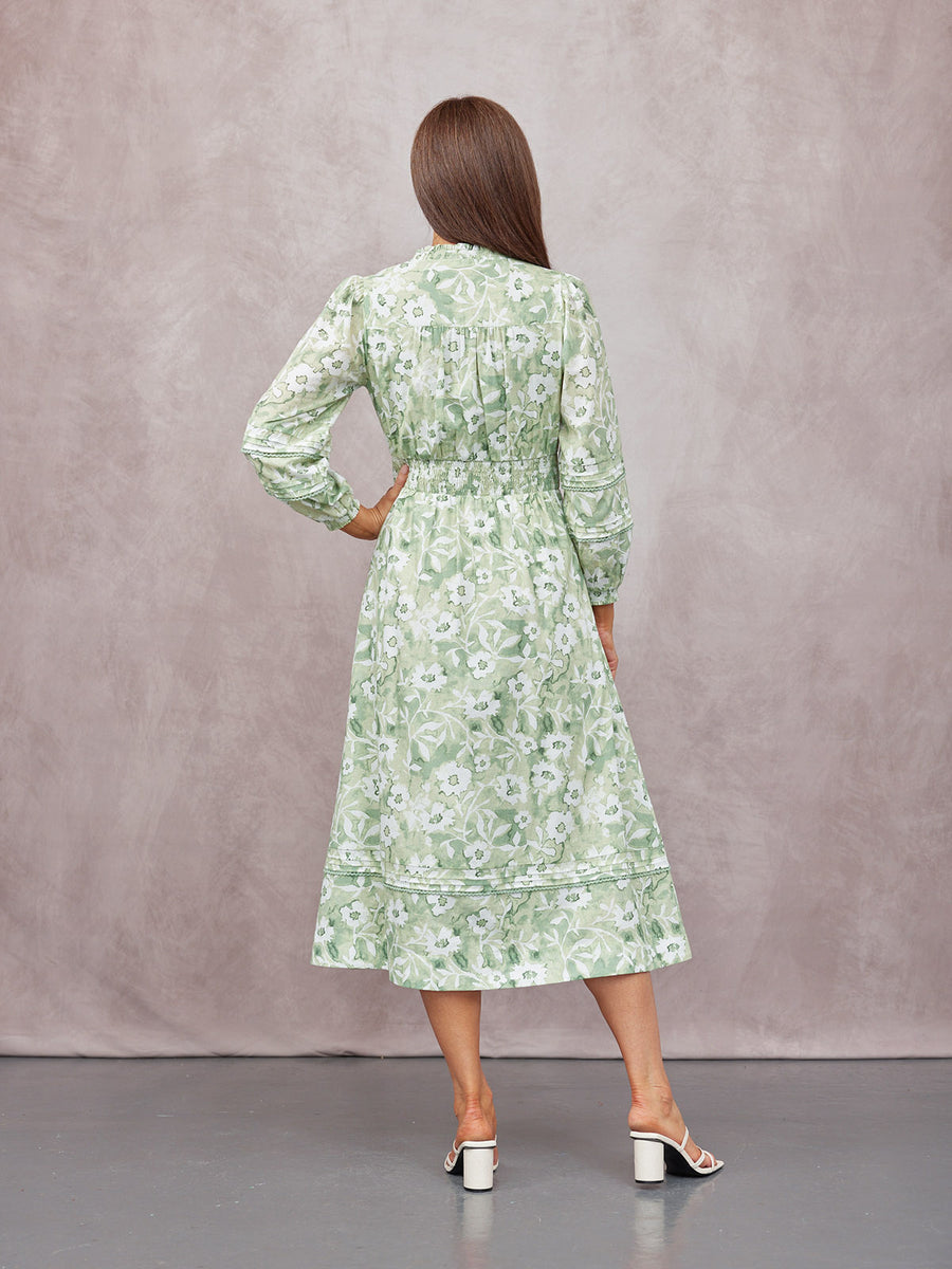 May Long Sleeve Shirred Neckline Dress - Green & White Watercolour Floral Print
