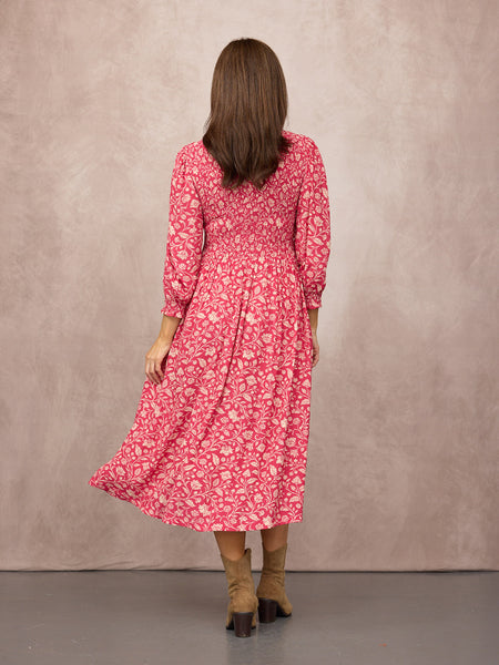 Jenny Shirred Bodice Dress - Pink Botanical Print