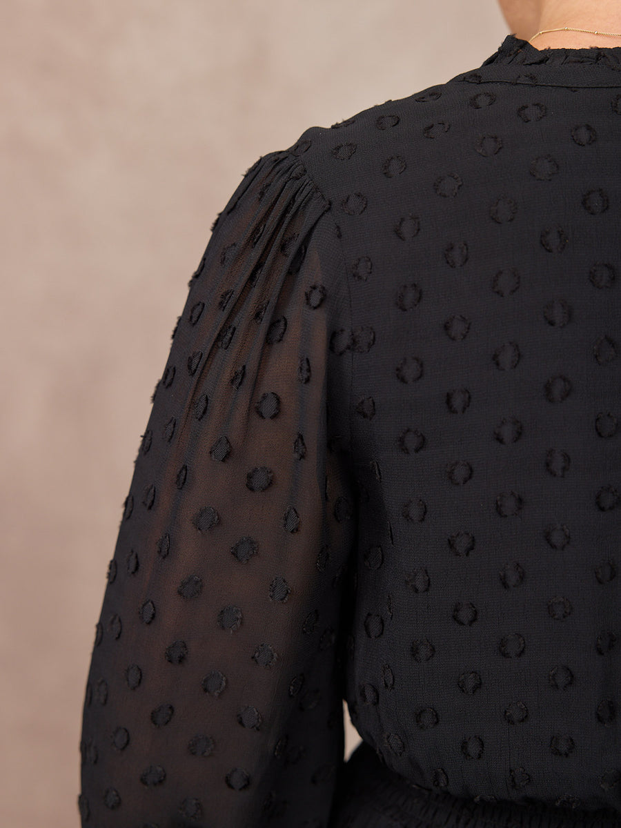 Jane Long Sleeve Georgette Spot Dress - Black