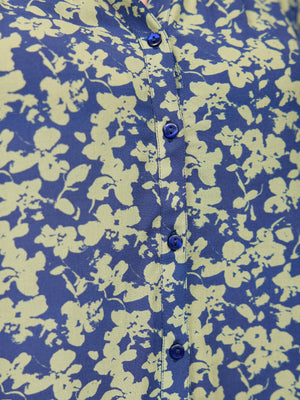 Niya Button Through Blouse - Navy & Green Leaf Print