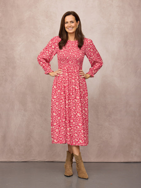 Jenny Shirred Bodice Dress - Pink Botanical Print