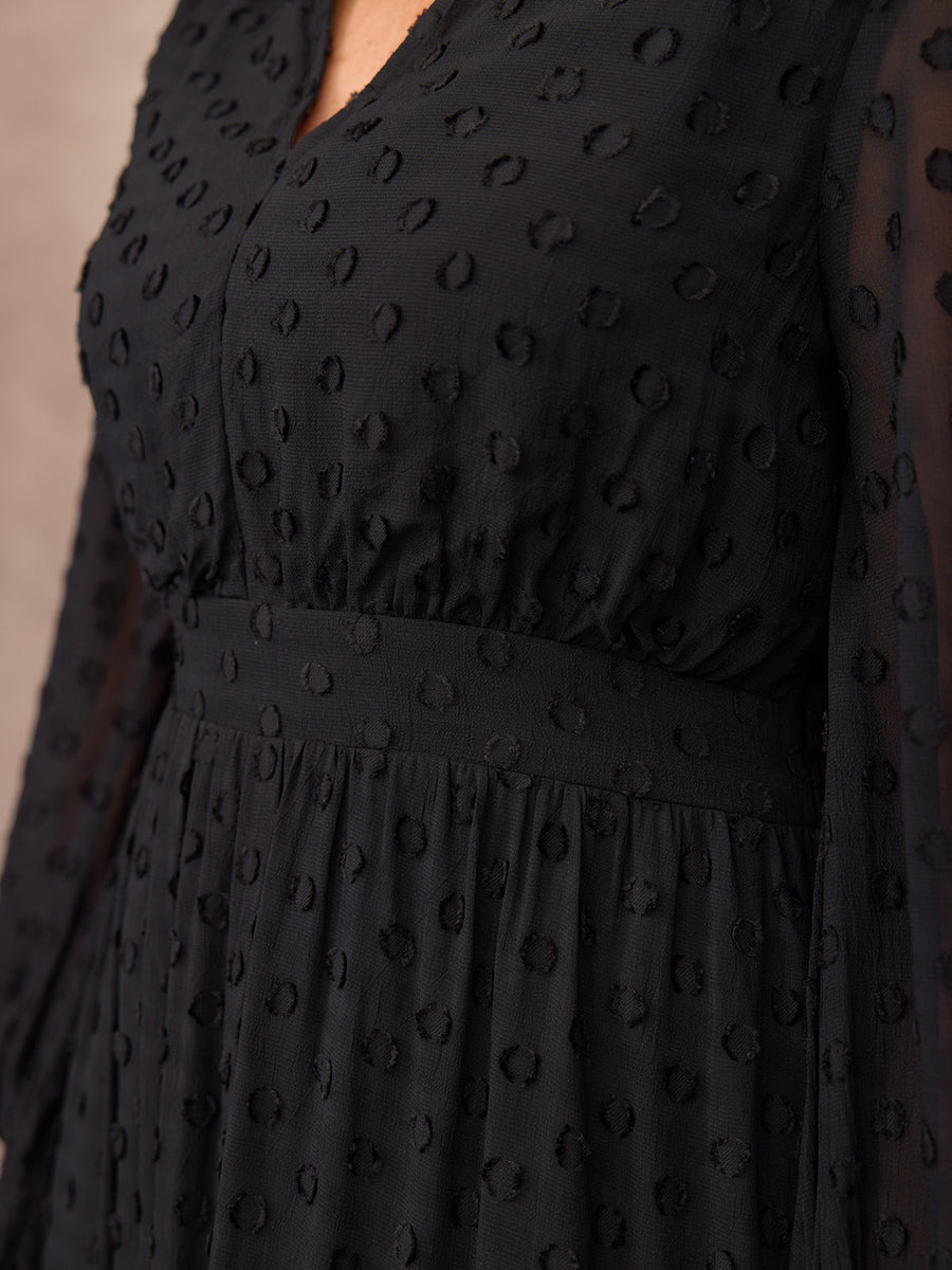 Jane Long Sleeve Georgette Spot Dress - Black