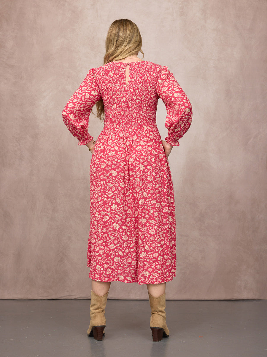 Jenny Shirred Bodice Dress - Pink Botanical Print