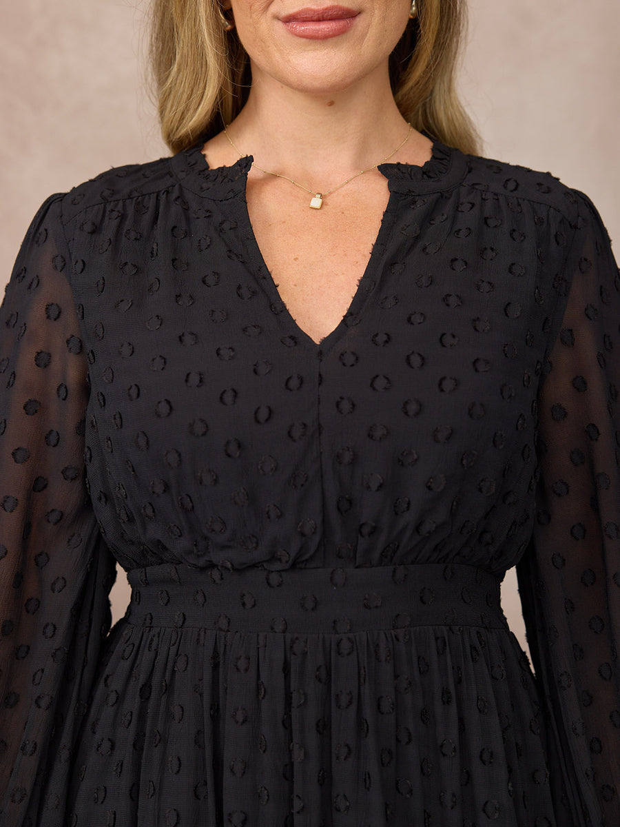 Jane Long Sleeve Georgette Spot Dress - Black