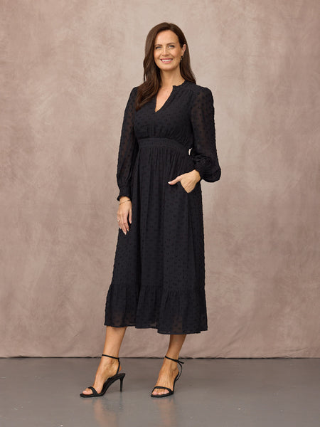 Jane Long Sleeve Georgette Spot Dress - Black