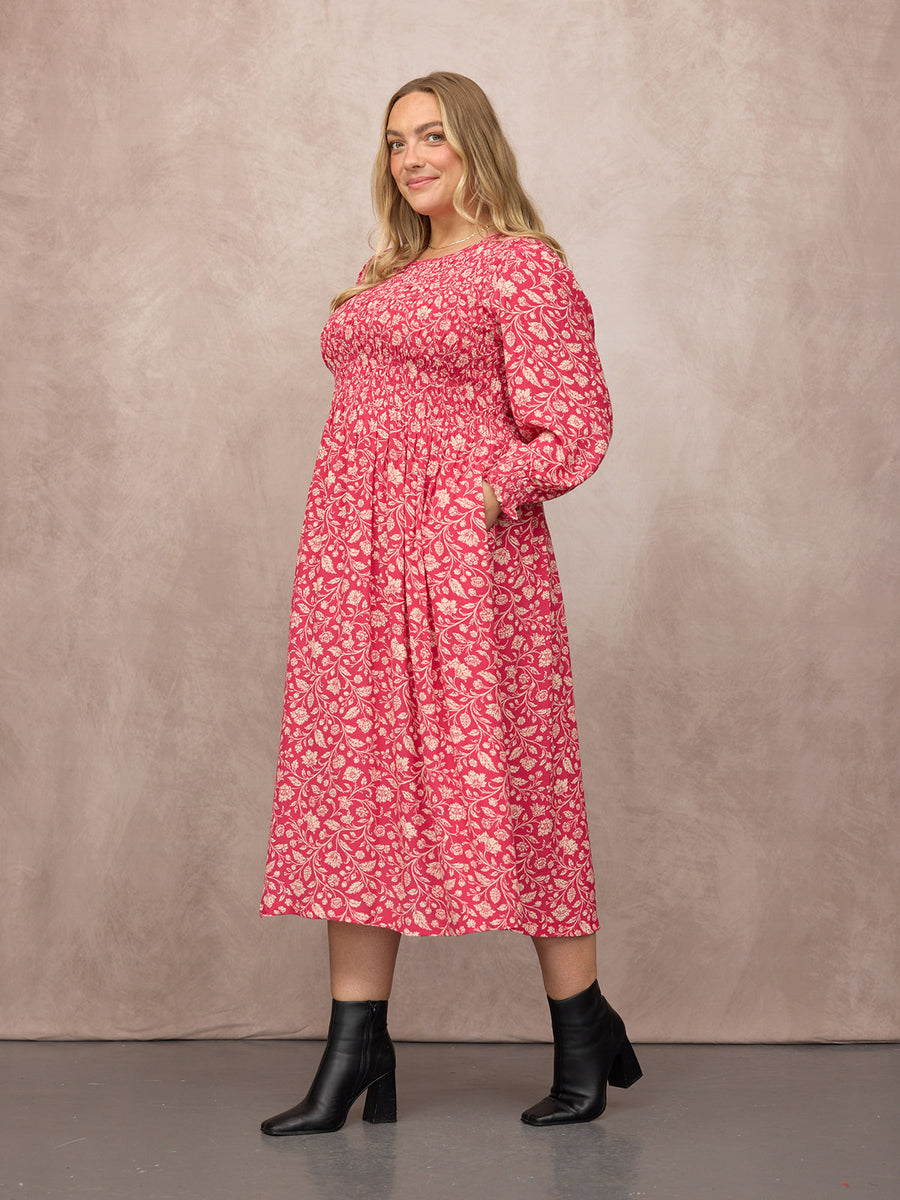 Jenny Shirred Bodice Dress - Pink Botanical Print