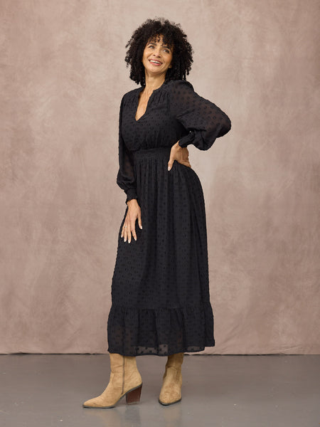 Jane Long Sleeve Georgette Spot Dress - Black