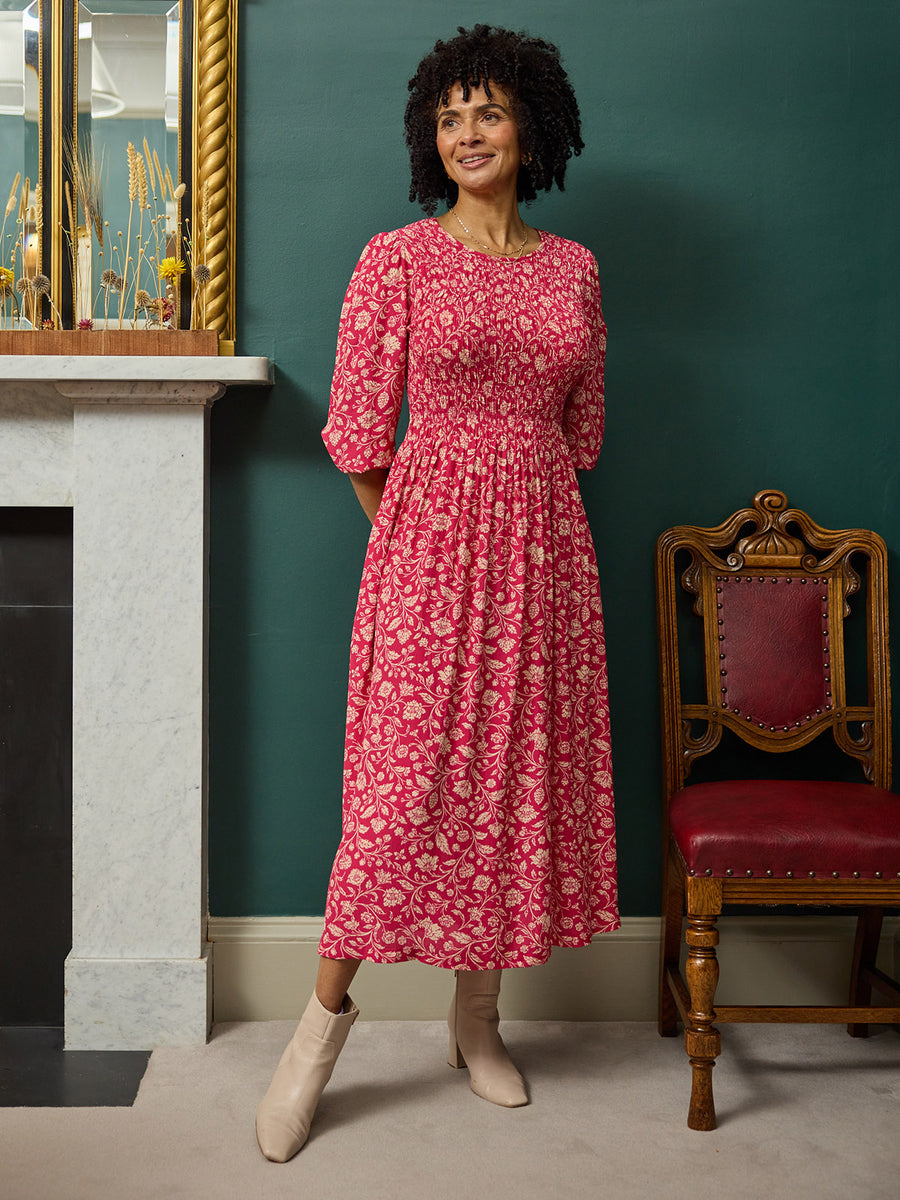 Jenny Shirred Bodice Dress - Pink Botanical Print