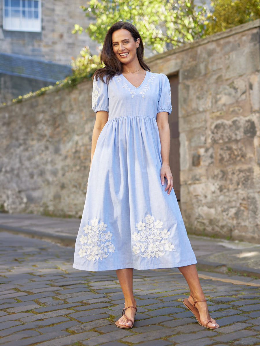 blue and white embroidered dress Lola Embroidered Relaxed Dress