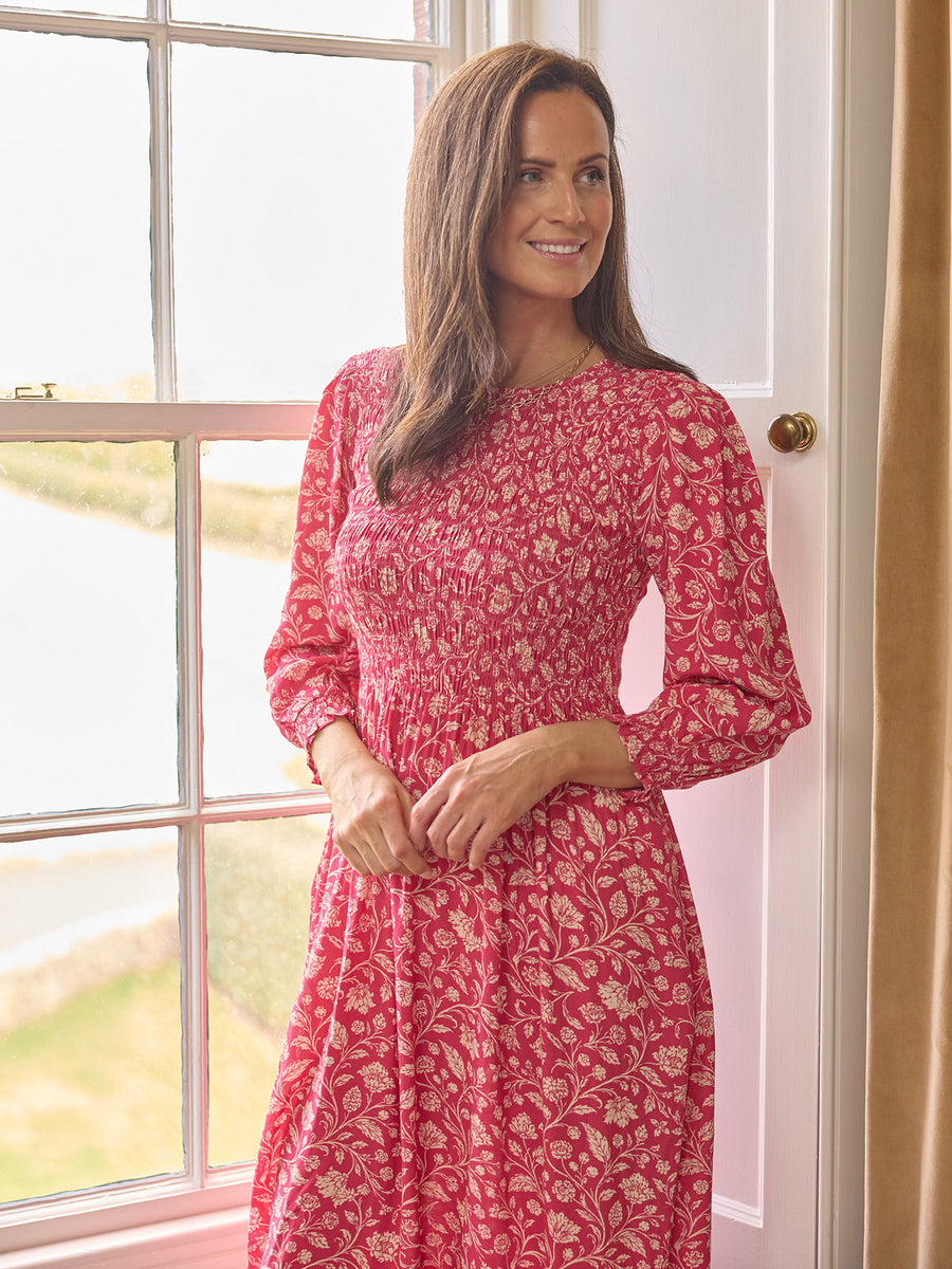 Jenny Shirred Bodice Dress - Pink Botanical Print