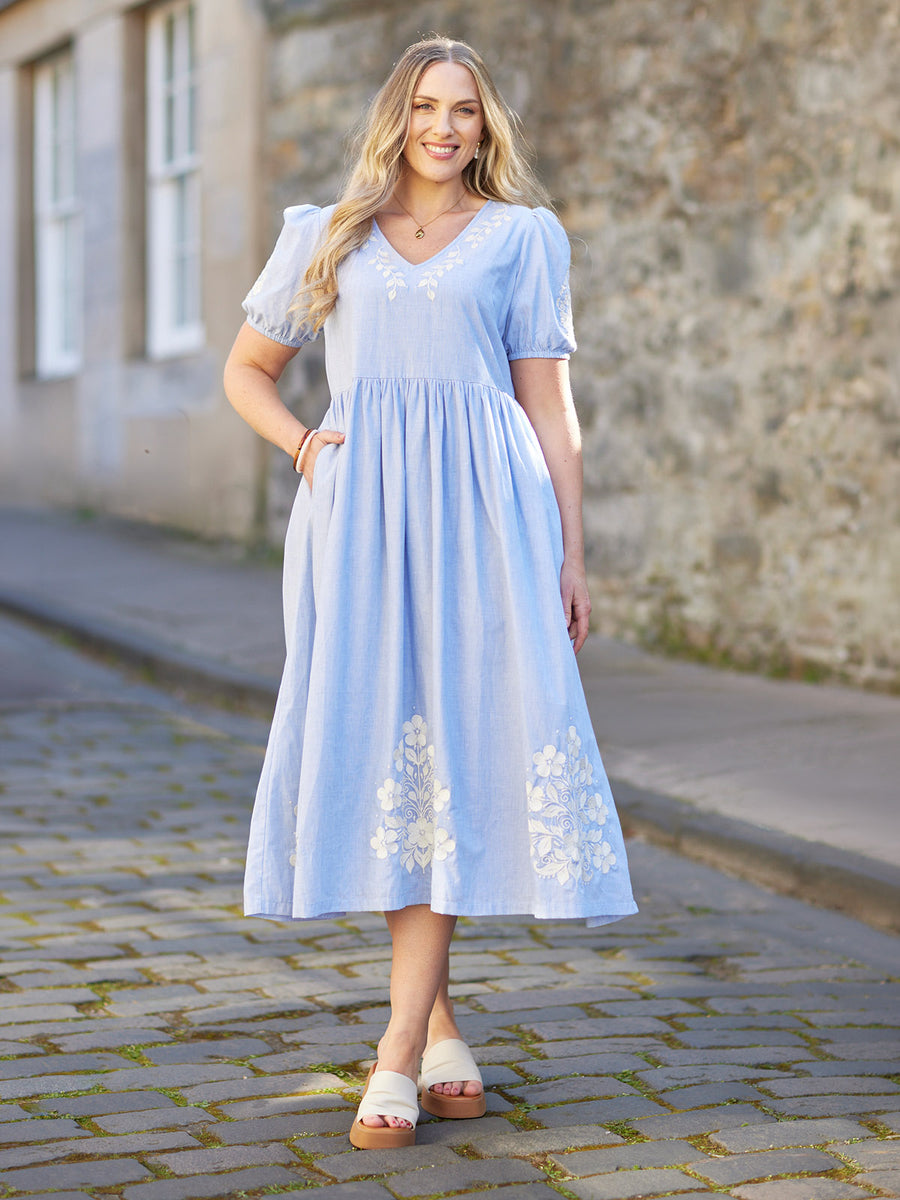 Lola Embroidered Relaxed Dress - Blue & White
