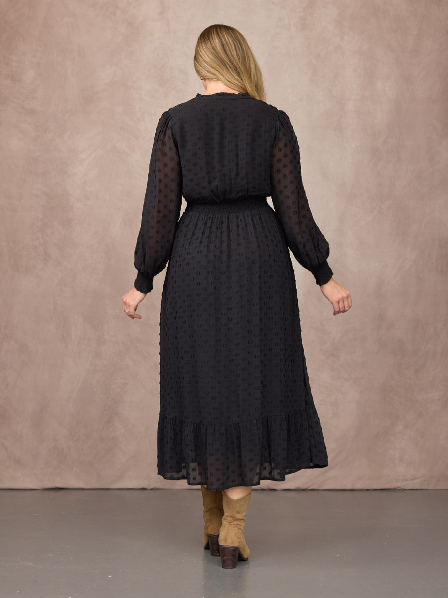 Jane Long Sleeve Georgette Spot Dress - Black