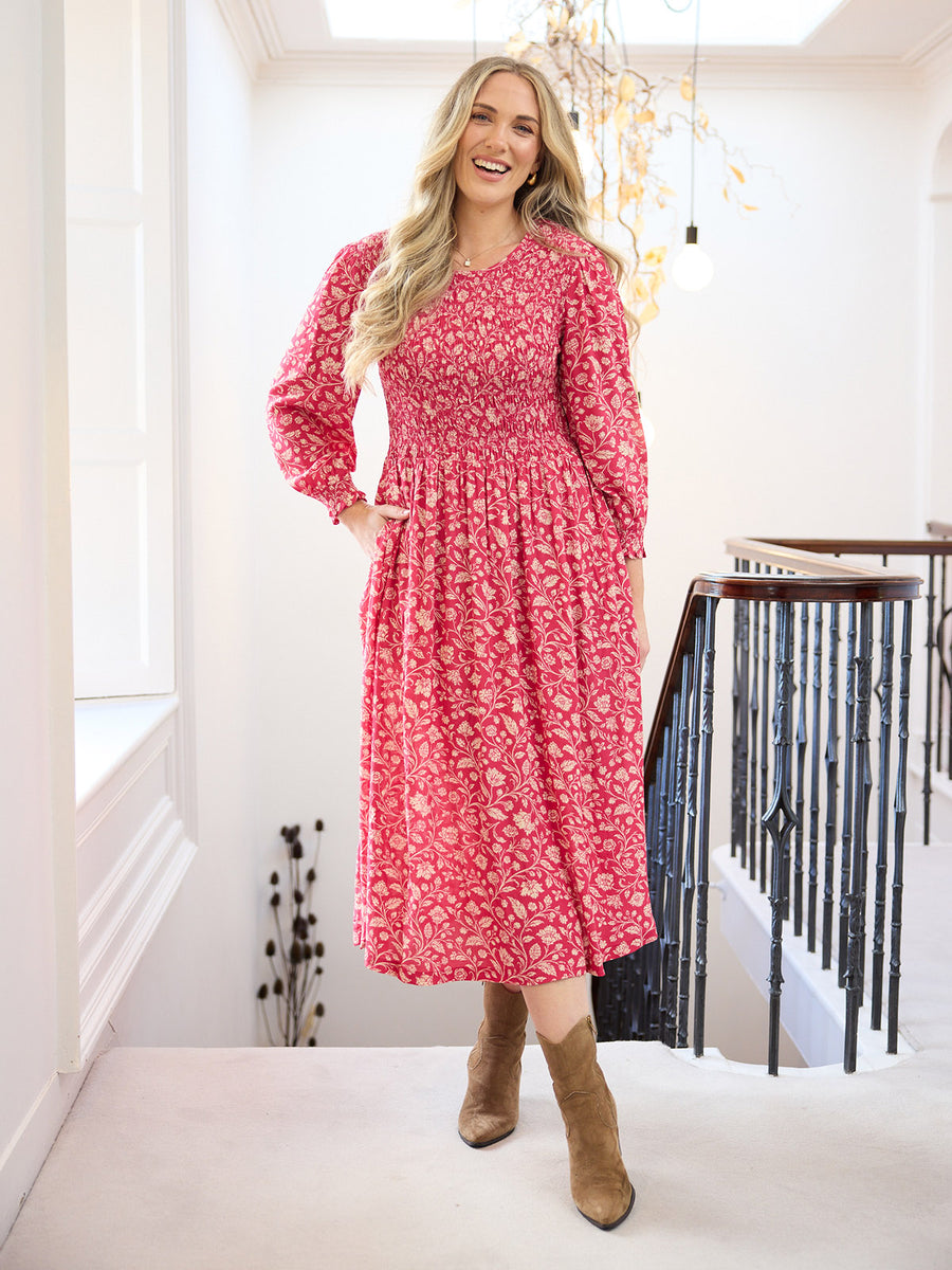 Jenny Shirred Bodice Dress - Pink Botanical Print