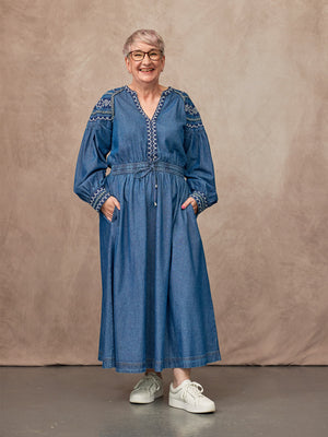 Dolly Embroidered Denim Dress - Blue