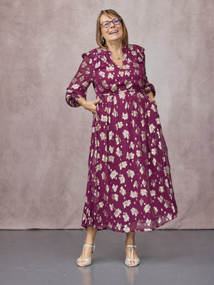 Libby Long Sleeve Floral Lurex Dress - Plum & Gold