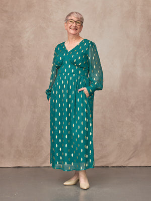 Loulou V-Neck Long Sleeve Lurex Dress - Teal & Gold