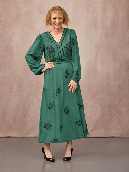 Lucy Embroidered Long Sleeve Dress - Green & Black