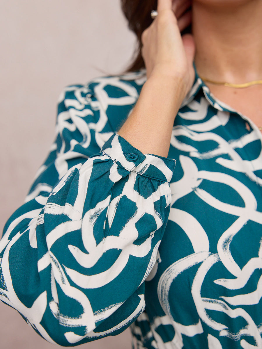 Camilla Long Sleeve Shirt Dress - Green Graphic Lines Print