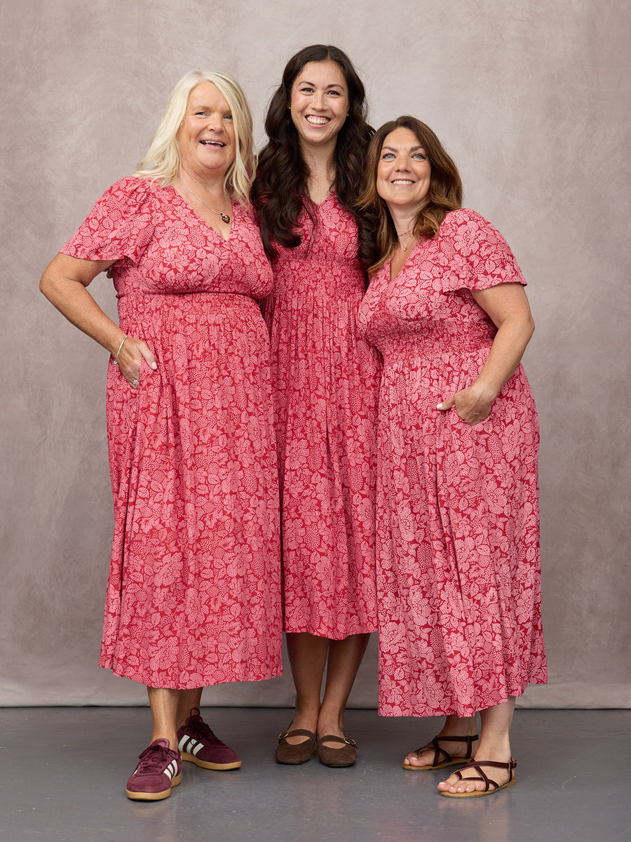 Maddie Short Angel Sleeve Dress -  Red & Pink Abstract Flower Print