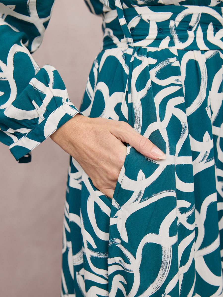 Camilla Long Sleeve Shirt Dress - Green Graphic Lines Print