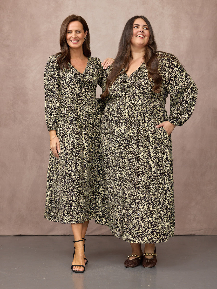 Emma Frill Neckline Long Sleeve Dress - Black & Natural