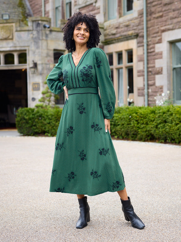 Lucy Embroidered Long Sleeve Dress - Green & Black