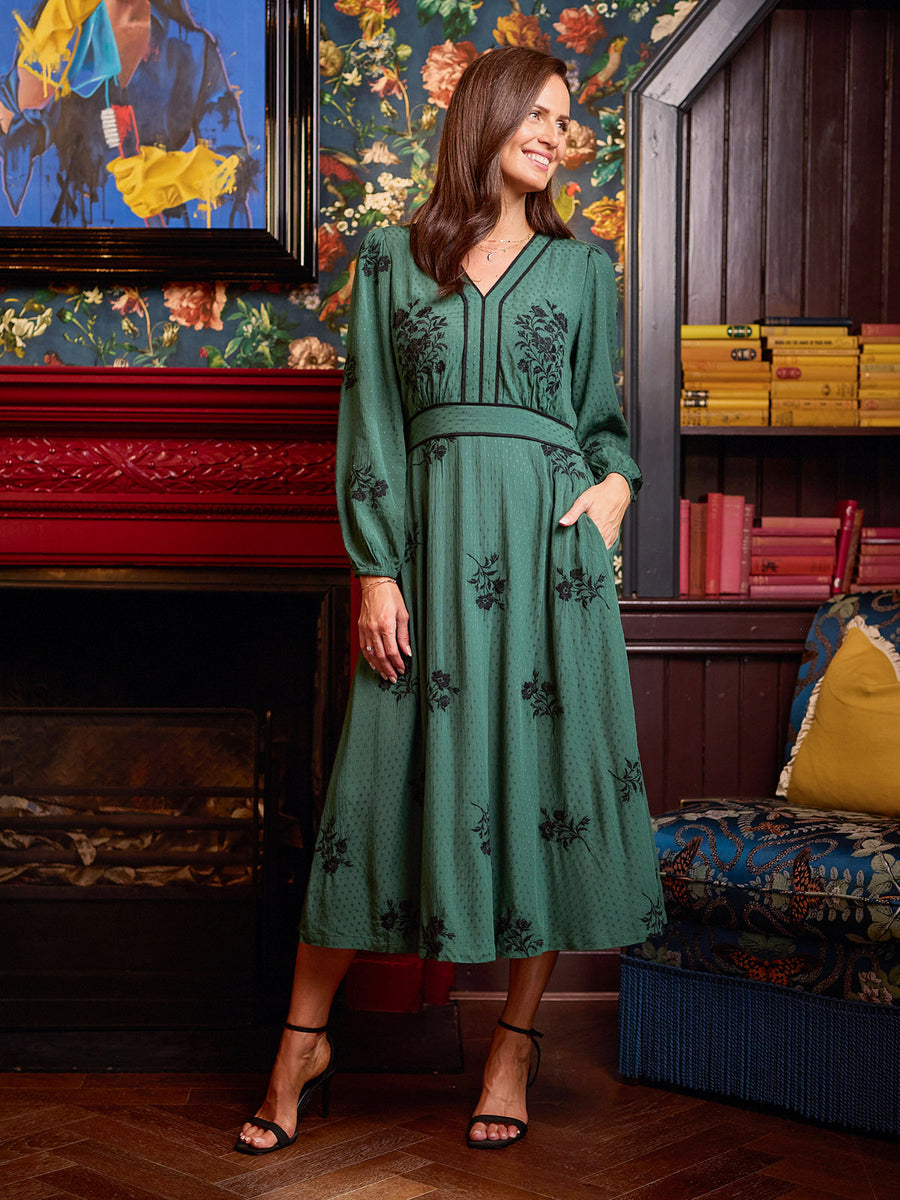 Lucy Embroidered Long Sleeve Dress - Green & Black