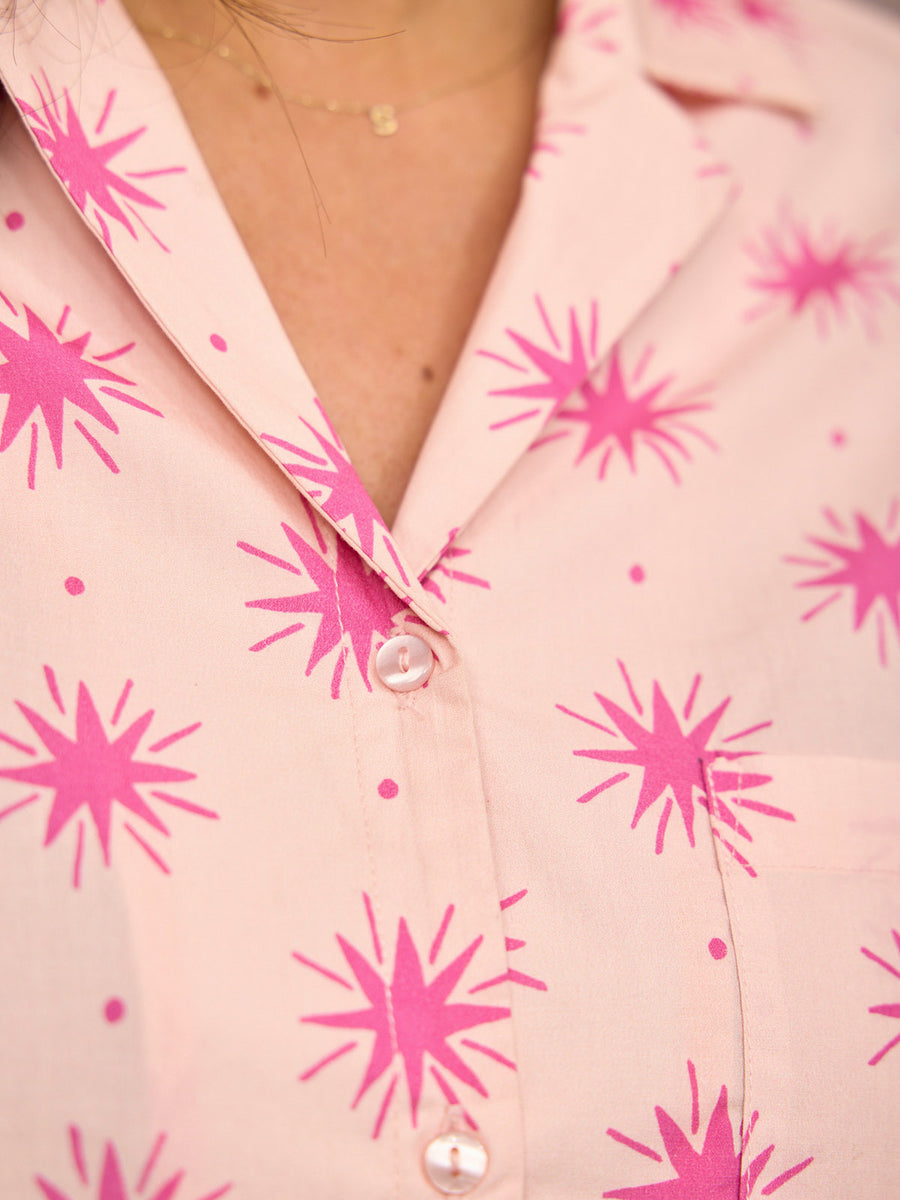 Rosie Cotton Poplin Pyjama - Pink Star Print