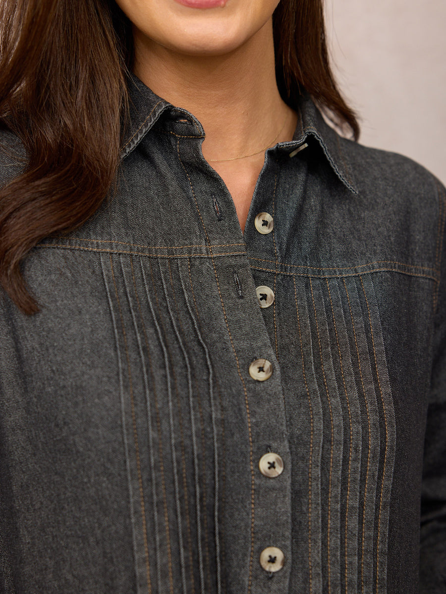 Lara Tuck Detail Denim Dress - Charcoal