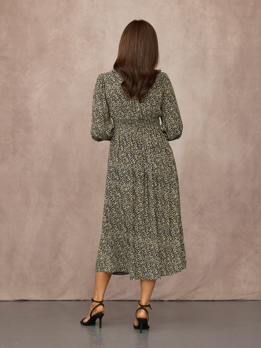 Emma Frill Neckline Long Sleeve Dress - Black & Natural