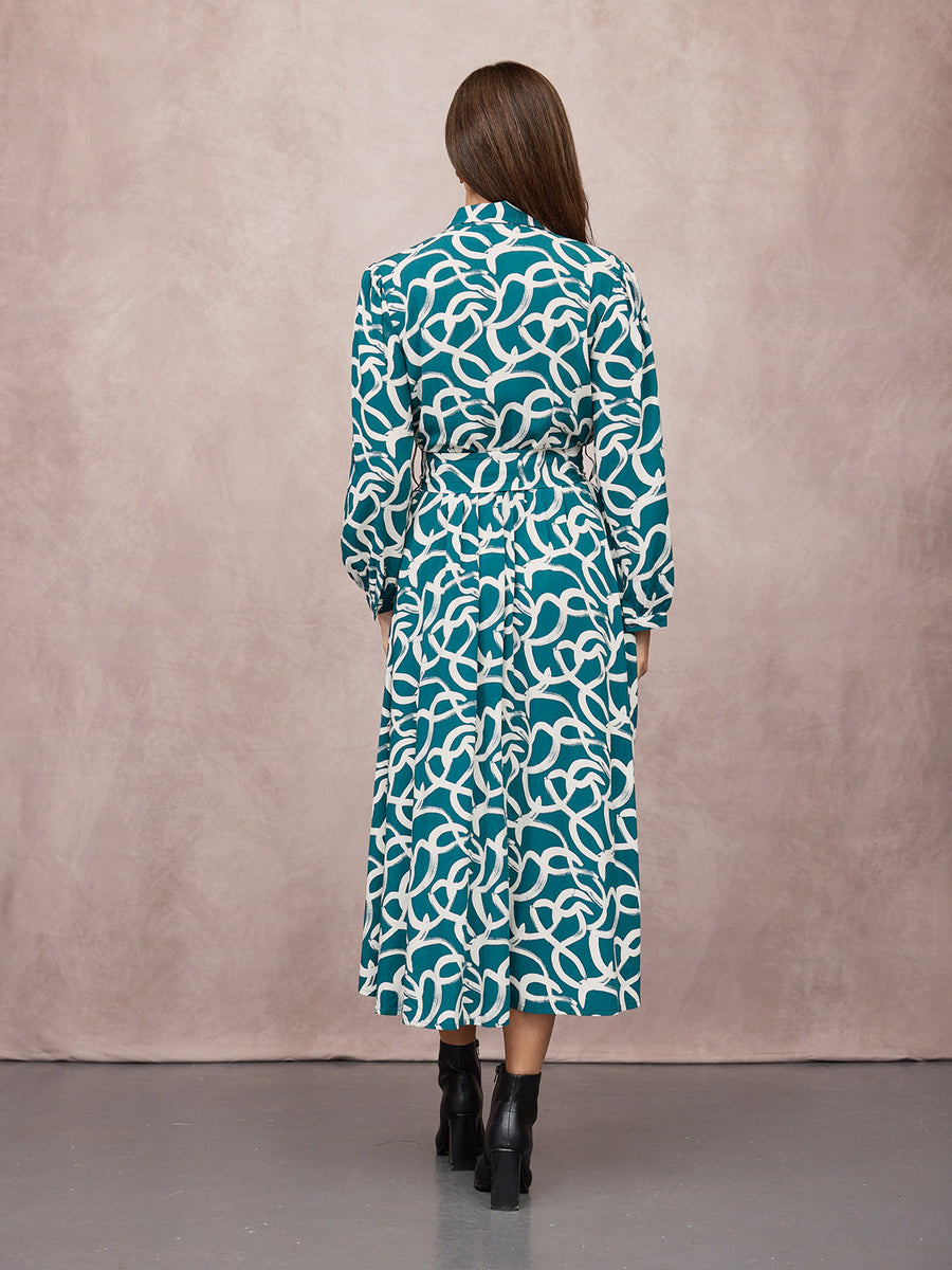 Camilla Long Sleeve Shirt Dress - Green Graphic Lines Print