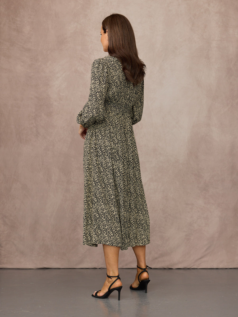 Emma Frill Neckline Long Sleeve Dress - Black & Natural