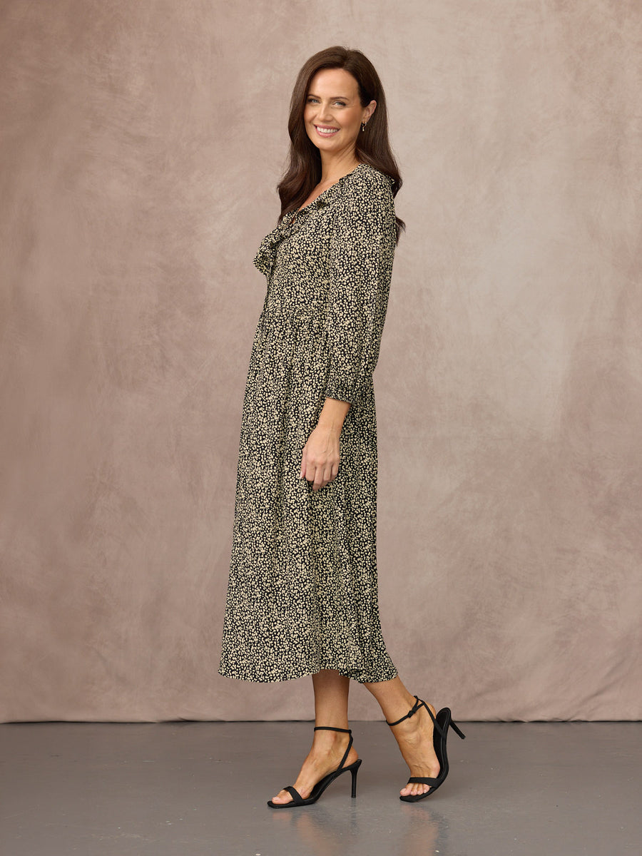 Emma Frill Neckline Long Sleeve Dress - Black & Natural