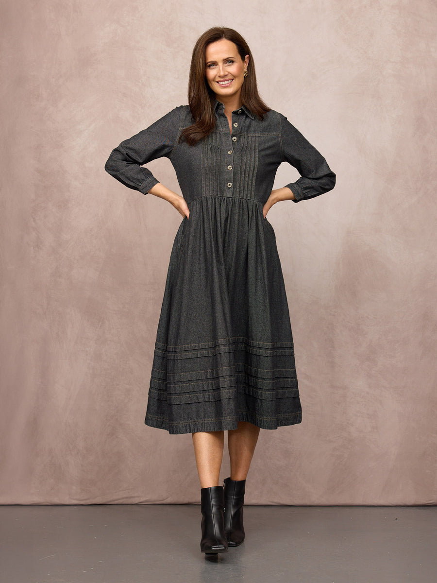 Lara Tuck Detail Denim Dress - Charcoal