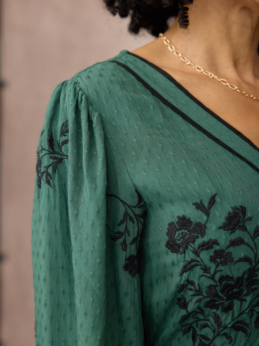 Lucy Embroidered Long Sleeve Dress - Green & Black