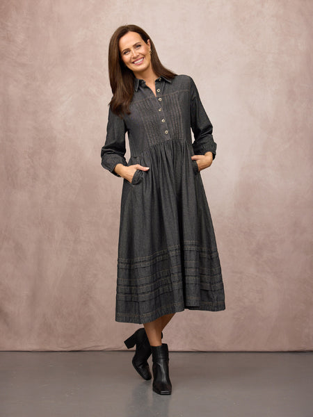 Lara Tuck Detail Denim Dress - Charcoal