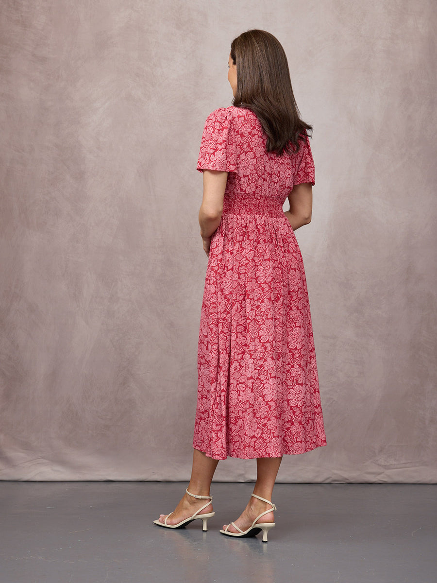 Maddie Short Angel Sleeve Dress -  Red & Pink Abstract Flower Print