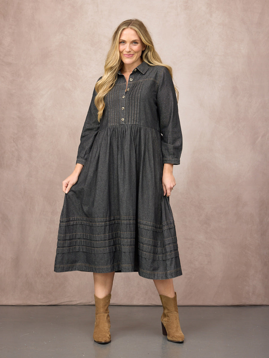 Lara Tuck Detail Denim Dress - Charcoal