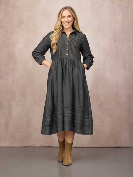 Lara Tuck Detail Denim Dress - Charcoal