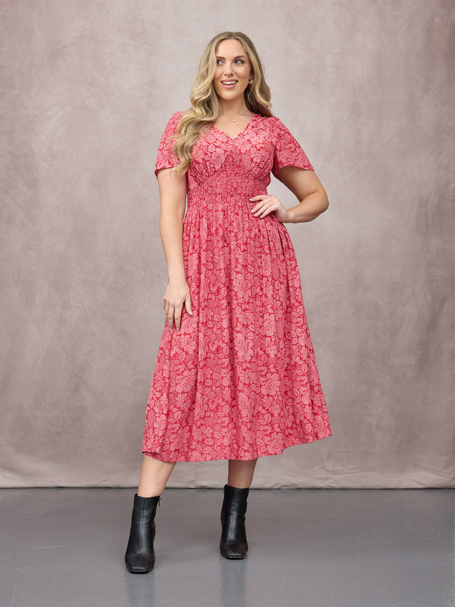 Maddie Short Angel Sleeve Dress -  Red & Pink Abstract Flower Print