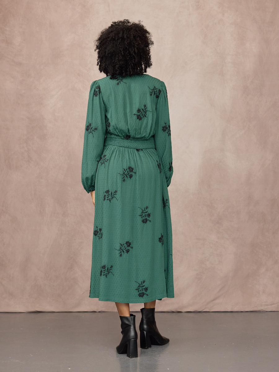 Lucy Embroidered Long Sleeve Dress - Green & Black
