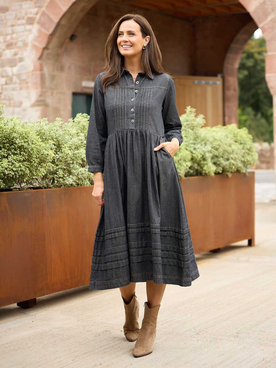 Lara Tuck Detail Denim Dress - Charcoal