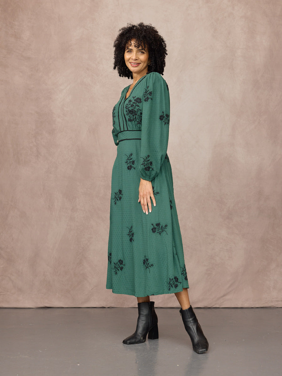 Lucy Embroidered Long Sleeve Dress - Green & Black