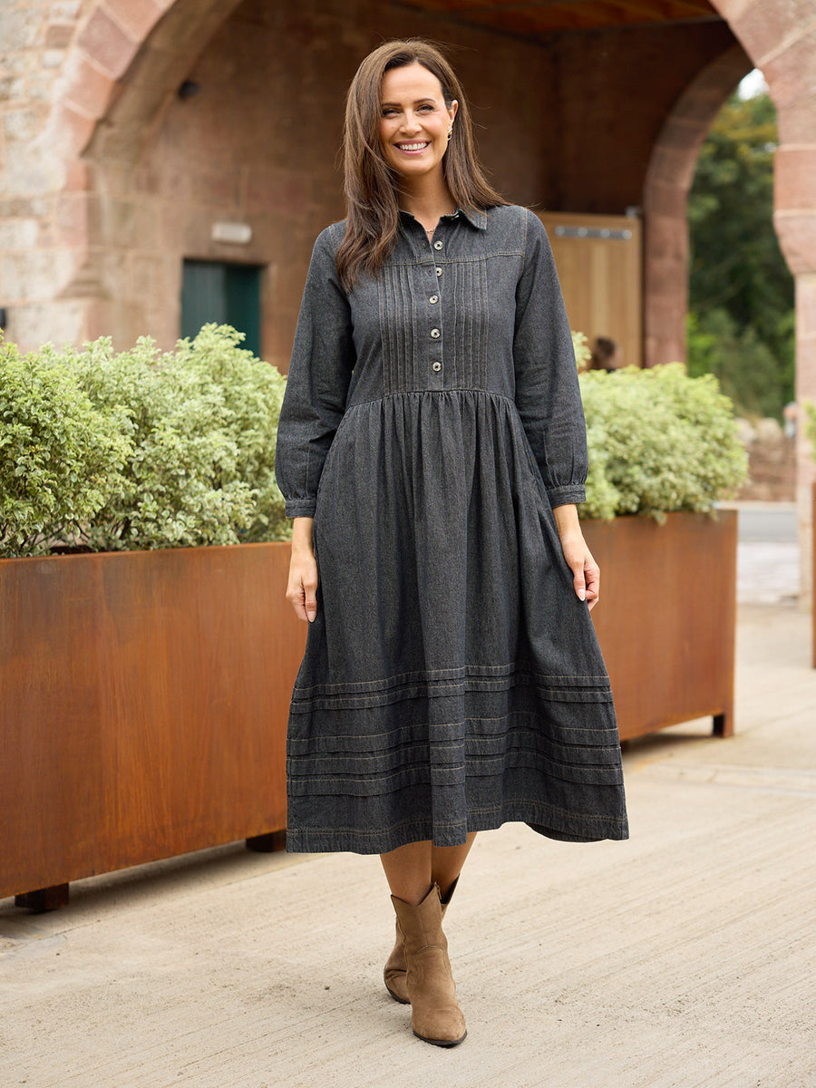 Lara Tuck Detail Denim Dress - Charcoal