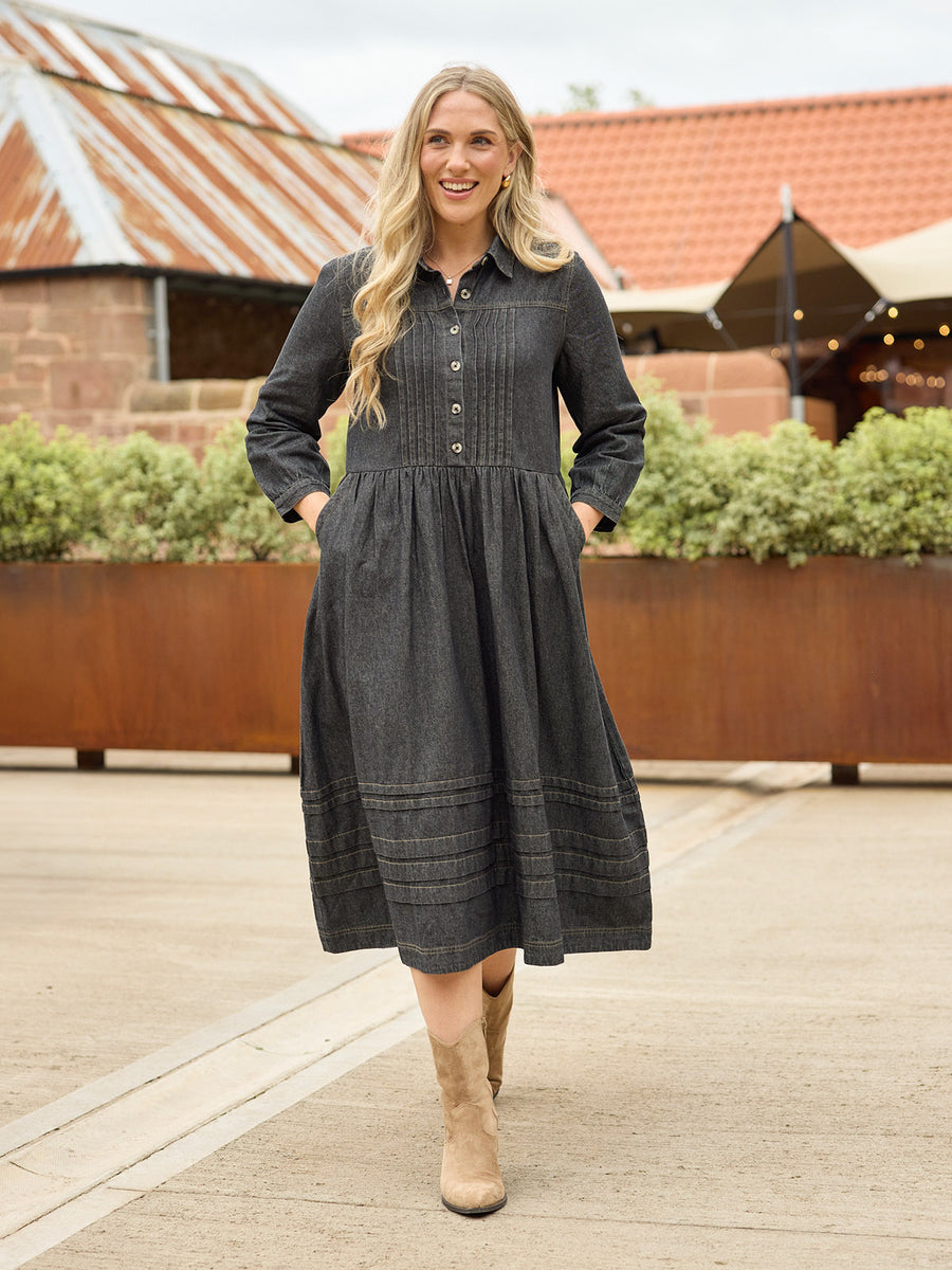 Lara Tuck Detail Denim Dress - Charcoal