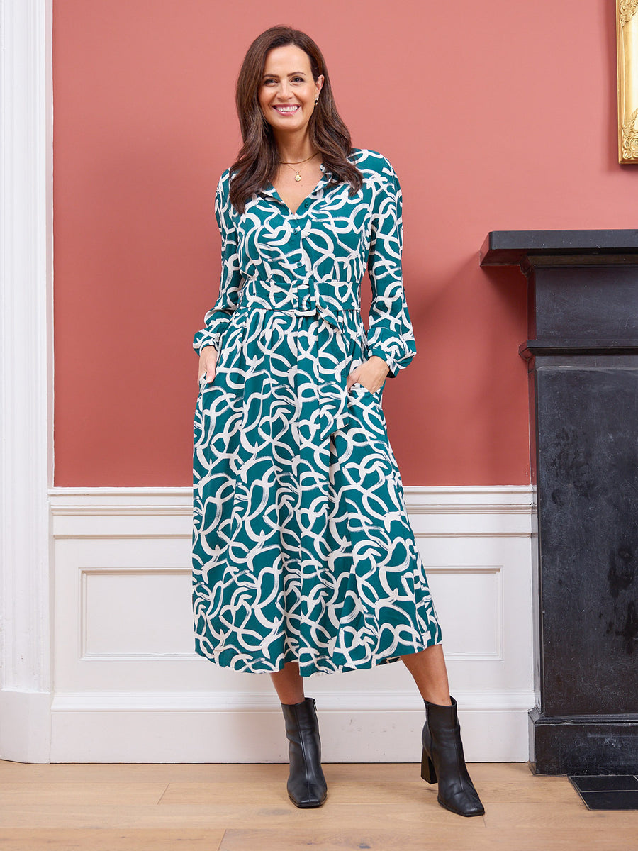 Camilla Long Sleeve Shirt Dress - Green Graphic Lines Print