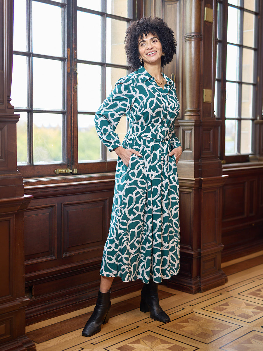 Camilla Long Sleeve Shirt Dress - Green Graphic Lines Print