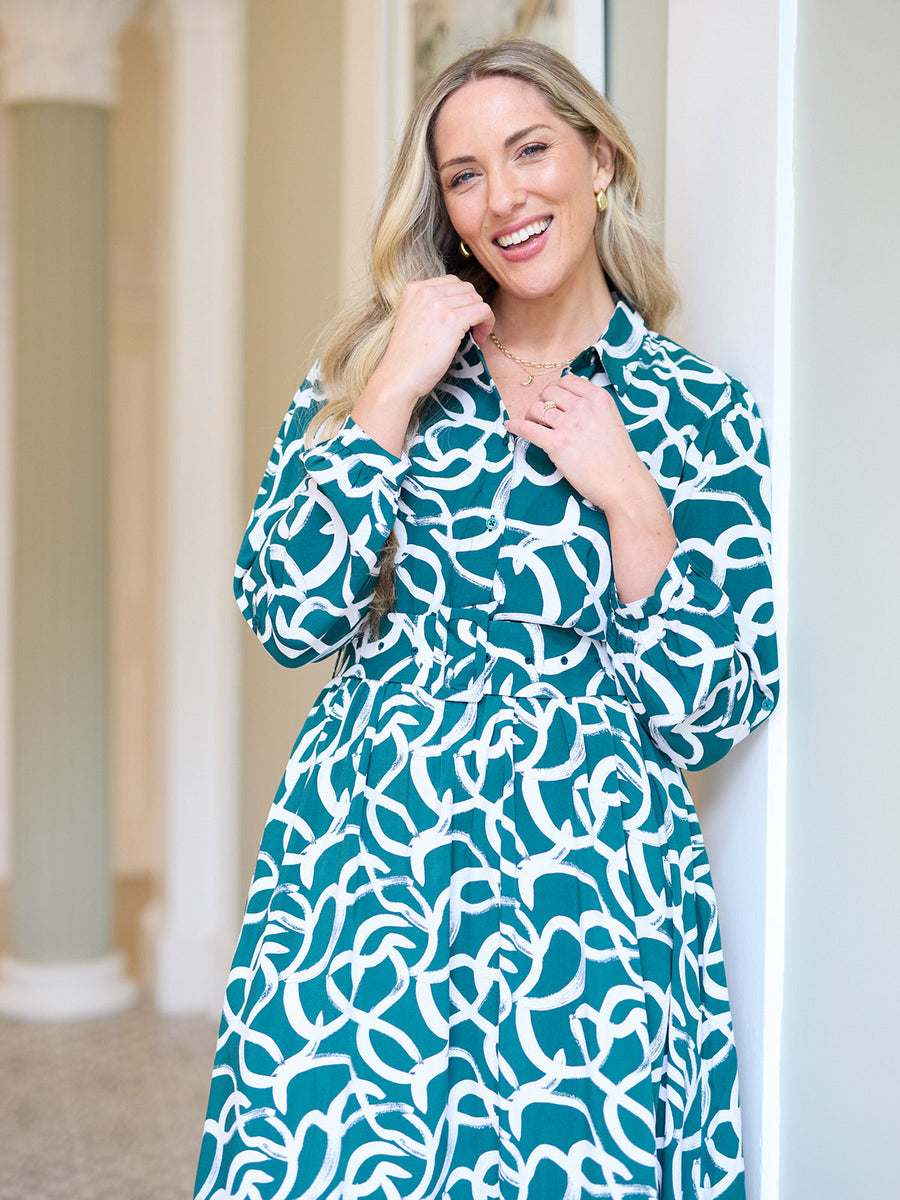 Camilla Long Sleeve Shirt Dress - Green Graphic Lines Print