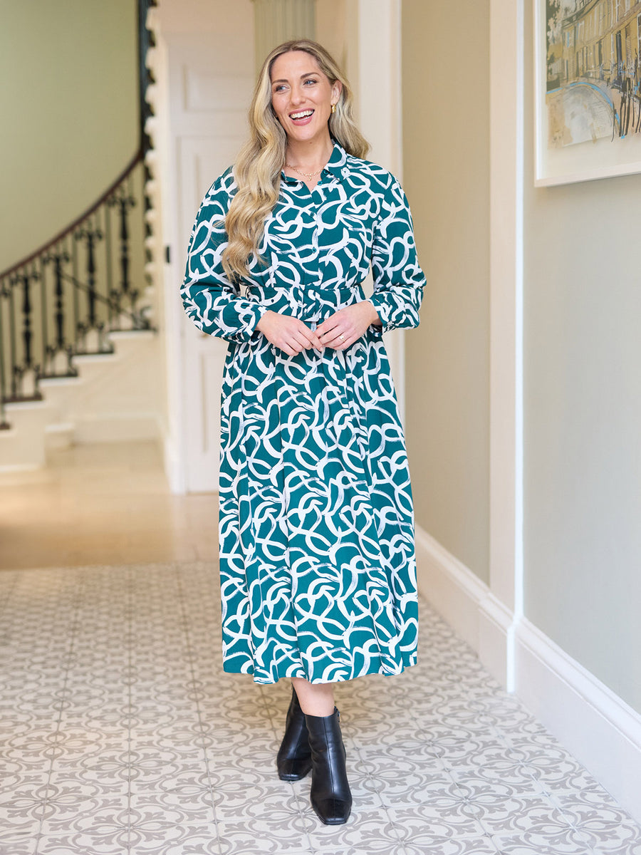 Camilla Long Sleeve Shirt Dress - Green Graphic Lines Print